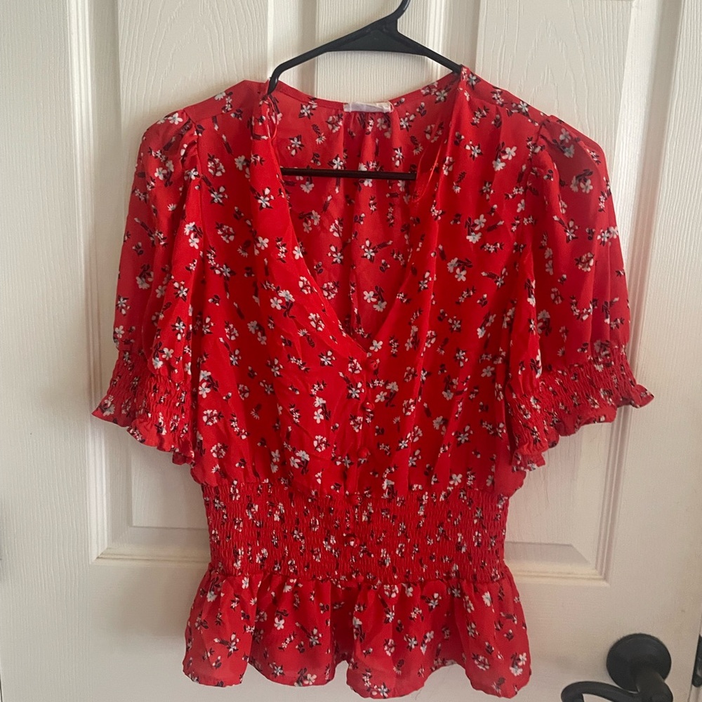 Sienna Sky Red and White Puff Sleeve Blouse with Smocked Peplum size large